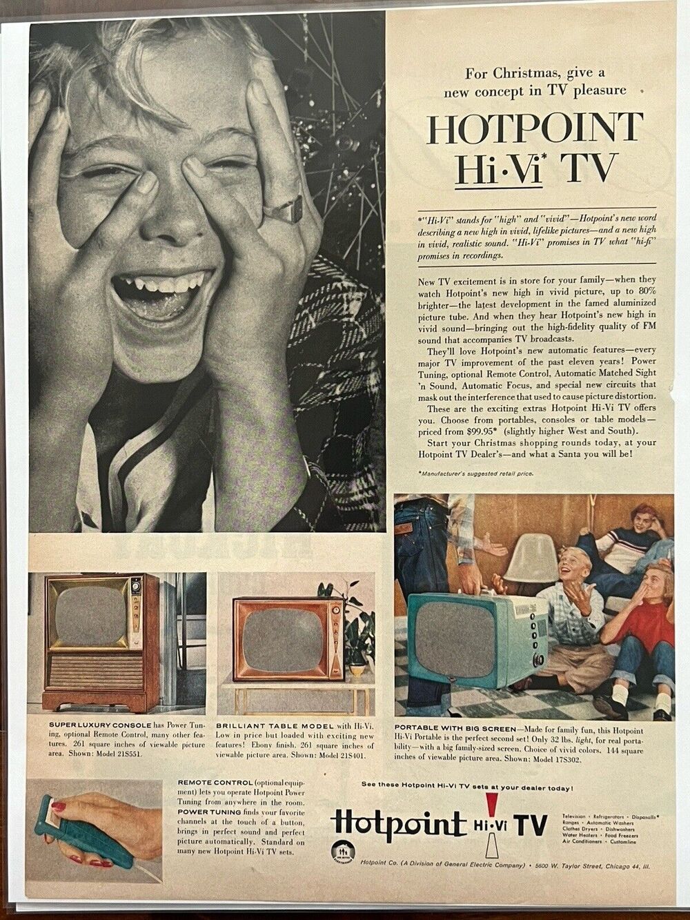 Vtg 1956 Hotpoint Hi-Vi TV Television Console Tabletop Portable Print Ad 11x14"